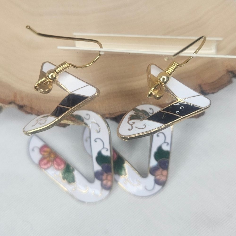 Vintage Deadstock Cloisonne Earrings White With Pink And Purple Flowers NWT 2.5"